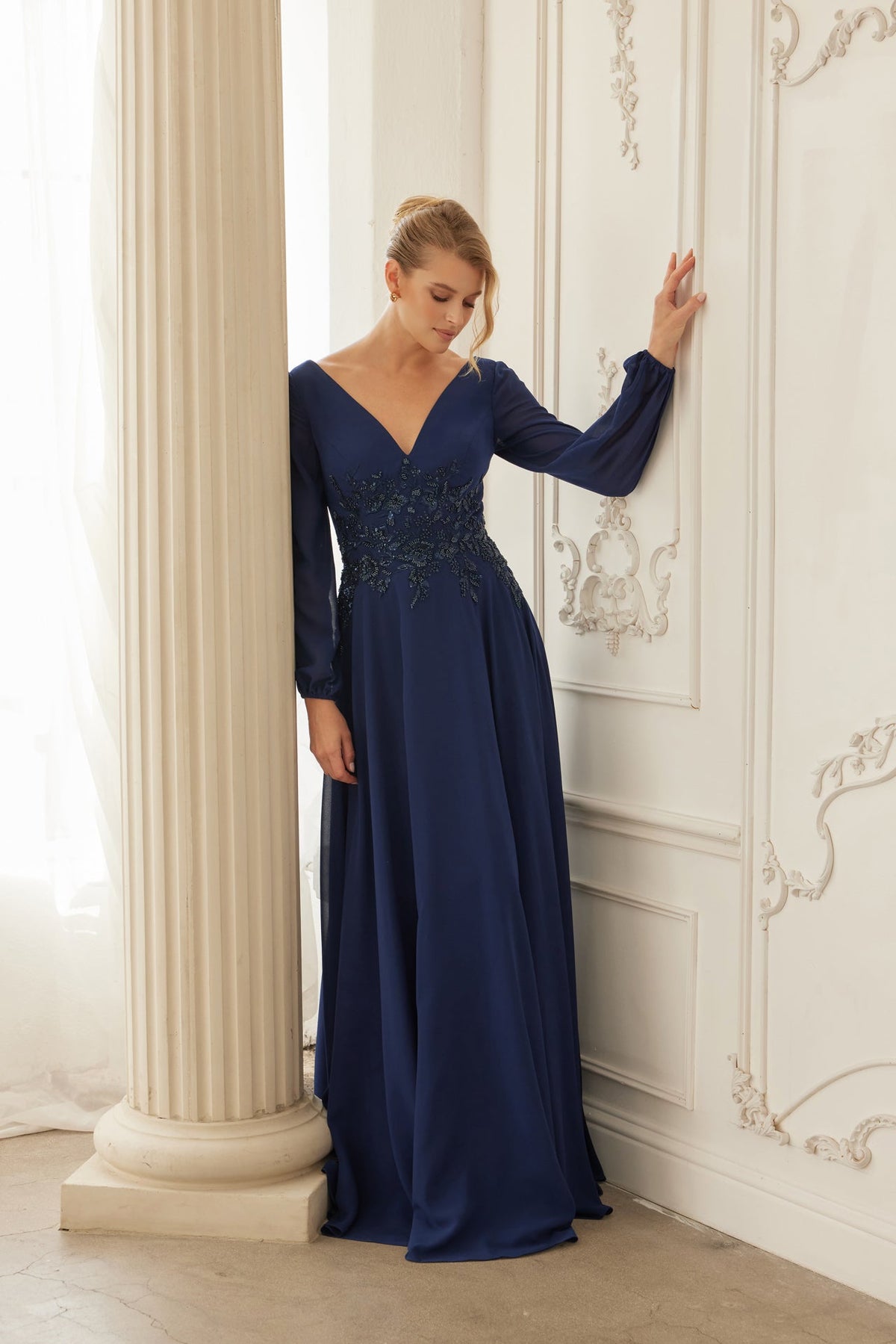 Formal A-Line Mother Of Bride Gown w/ Long Sleeves & Sequin Waist NXME128