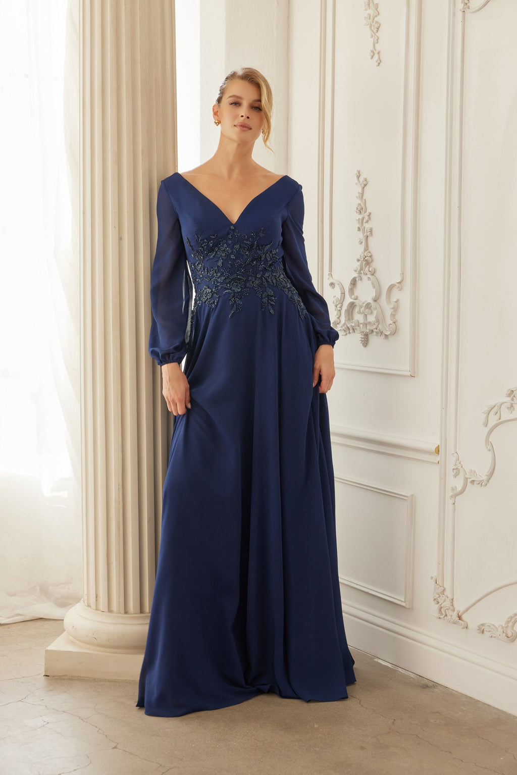 Formal A-Line Mother Of Bride Gown w/ Long Sleeves & Sequin Waist NXME128