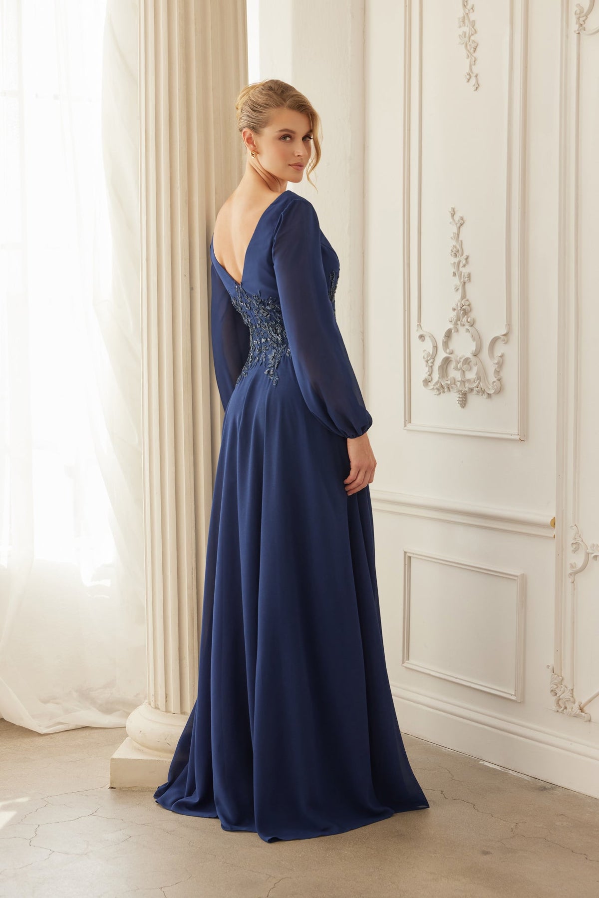 Formal A-Line Mother Of Bride Gown w/ Long Sleeves & Sequin Waist NXME128