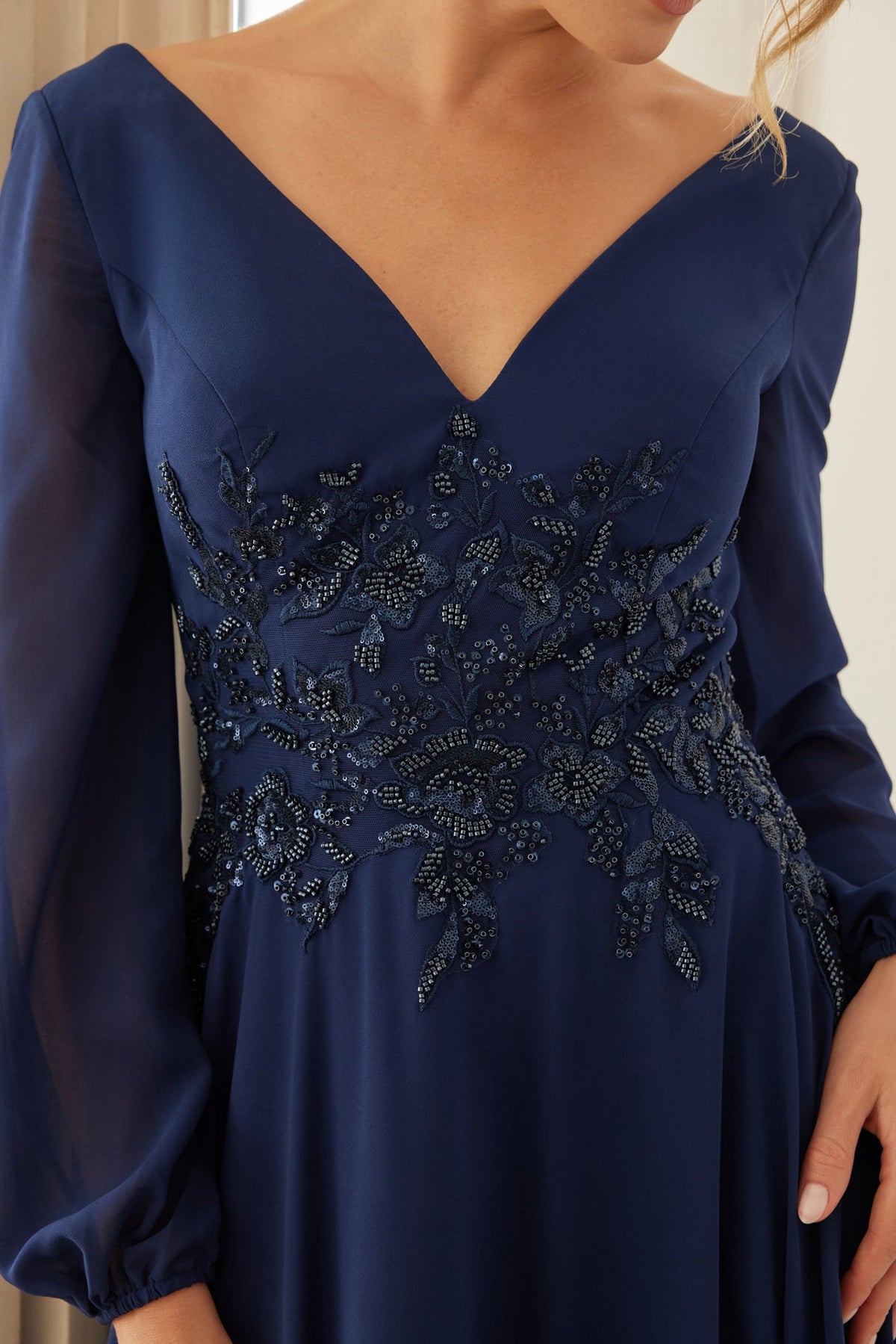 Formal A-Line Mother Of Bride Gown w/ Long Sleeves & Sequin Waist NXME128