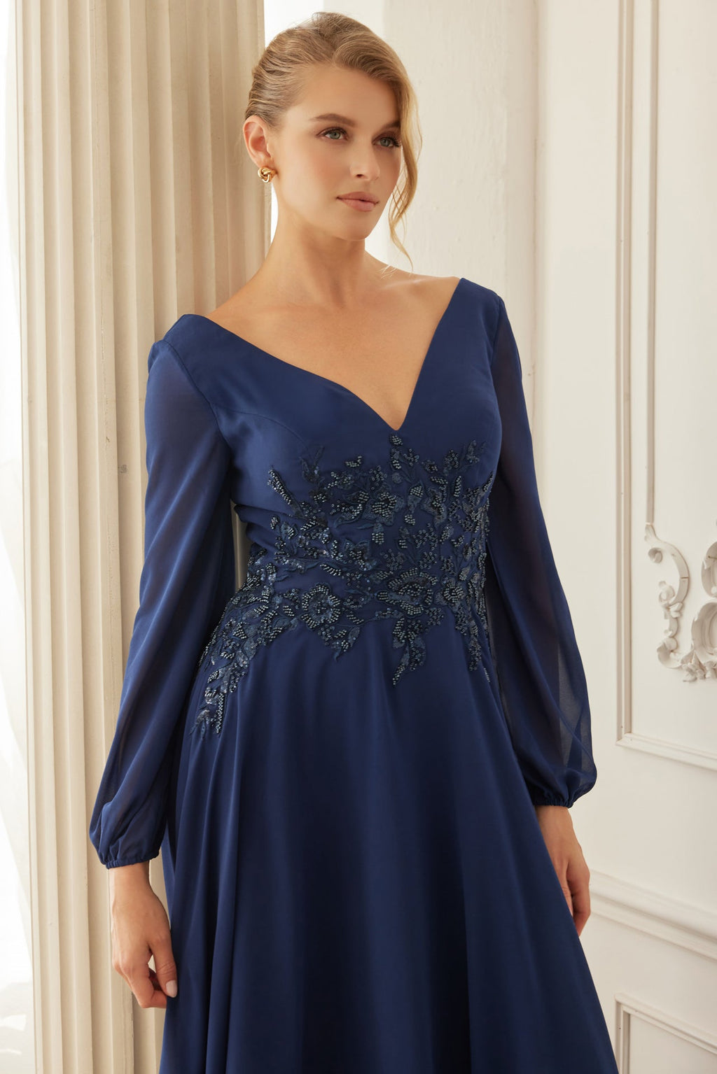 Formal A-Line Mother Of Bride Gown w/ Long Sleeves & Sequin Waist NXME128