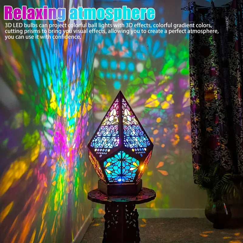 Wooden Bohemian Floor Lamp with USB Charging Port - Retro LED Colorful Diamond Lights-4