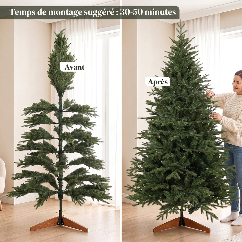Sapin de Noël Artificiel 180 cm, Arbre de Noël, 2081 Branches Articulées en PE et PVC Ignifuge, Support en Bois Robuste