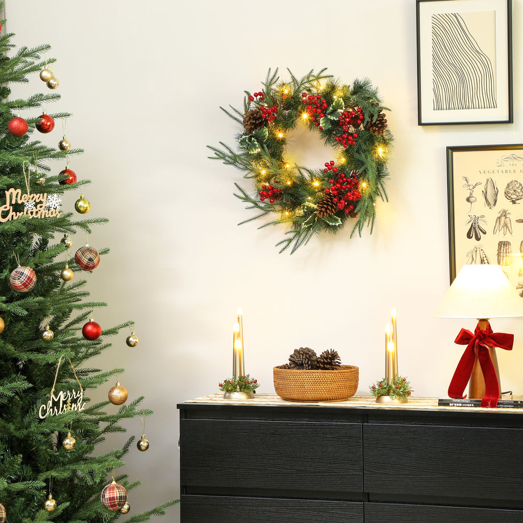 Couronne de Noël lumineuse 60 cm avec 35 LED, minuterie, 170 pointes, pommes de pin, baies, feuilles de houx, vert