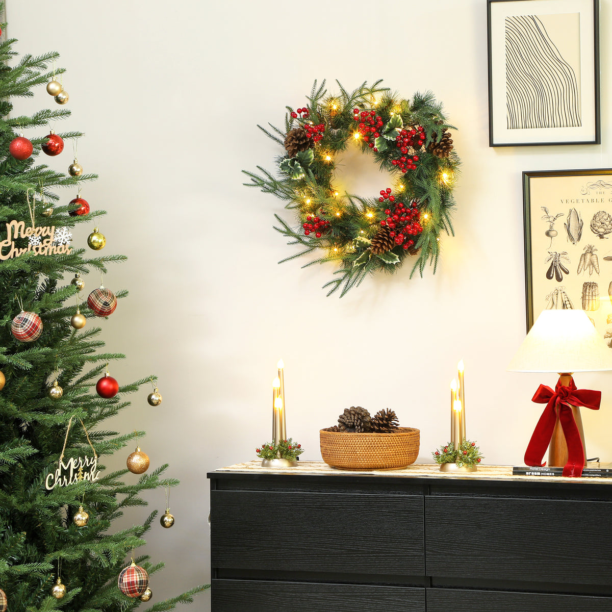 Couronne de Noël lumineuse 60 cm avec 35 LED, minuterie, 170 pointes, pommes de pin, baies, feuilles de houx, vert