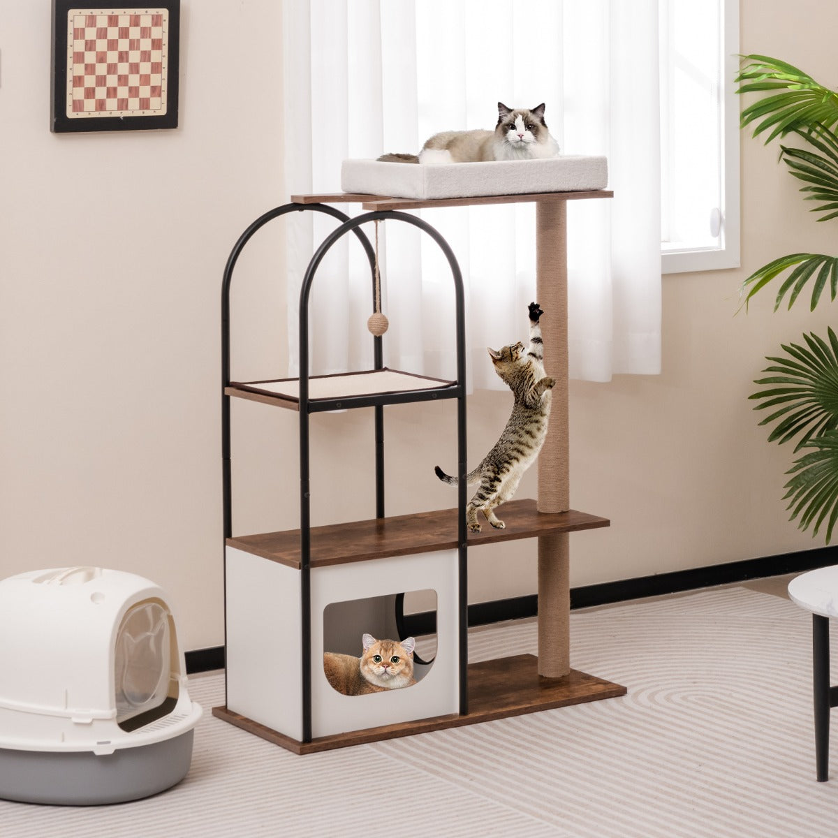 NNECW 118 CM Tall Cat Tree Tower Top Perch Cat Bed with Metal Frame-White-0