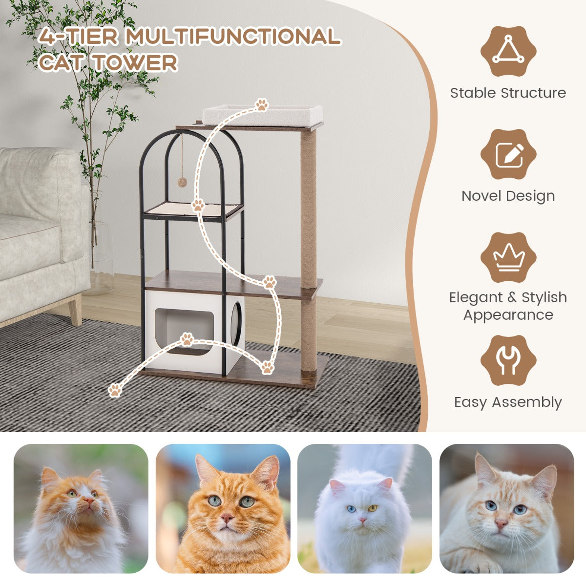 NNECW 118 CM Tall Cat Tree Tower Top Perch Cat Bed with Metal Frame-White-2