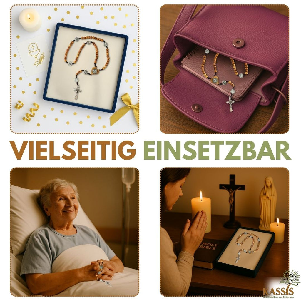 St. Benedikt Rosenkranz aus Olivenholz | Gebetskette mit Kreuz & Medaille, Geschenk Taufe, Kommunion, Firmung-4