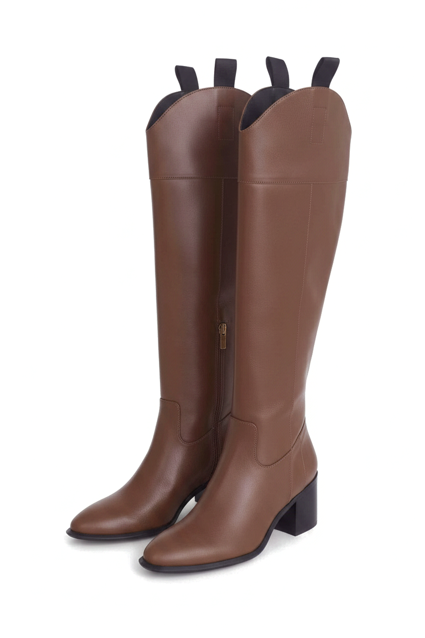 Canna Brown Calf Leather Knee-High Riding Boots – 6.5cm Block Heel
