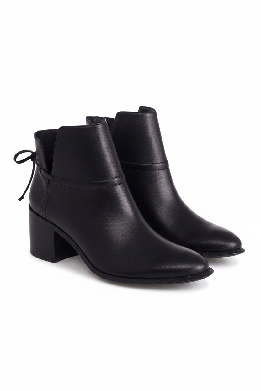 Attalea Black Leather Ankle Boots – Ankle Strap, 6.5cm Block Heel