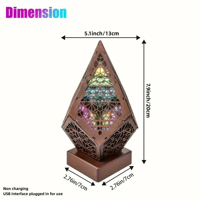 Wooden Bohemian Floor Lamp with USB Charging Port - Retro LED Colorful Diamond Lights-3