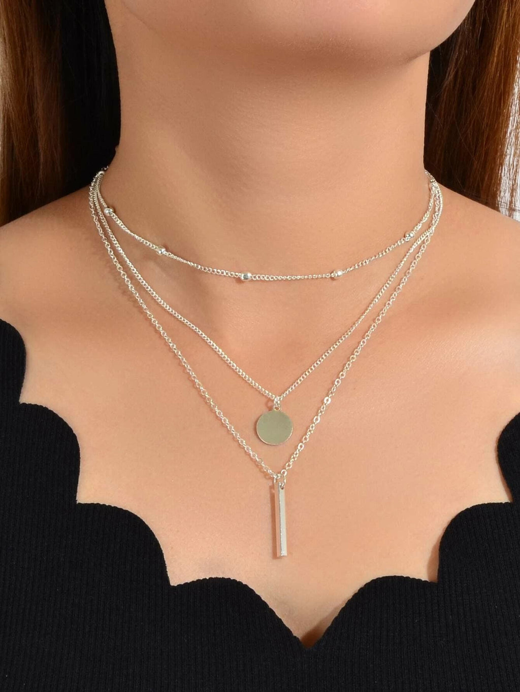 Boho Multi-Layer 3pcs Bar Disc Charm Metal Round Beads Chain Choker Necklace-5