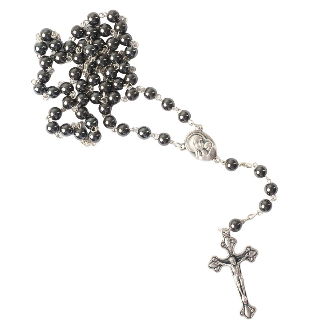 Rosenkranz mit runden Hämatitperlen (42 cm) | Gebetskette mit Kreuz als Geschenk zur Taufe, Kommunion & Firmung-0
