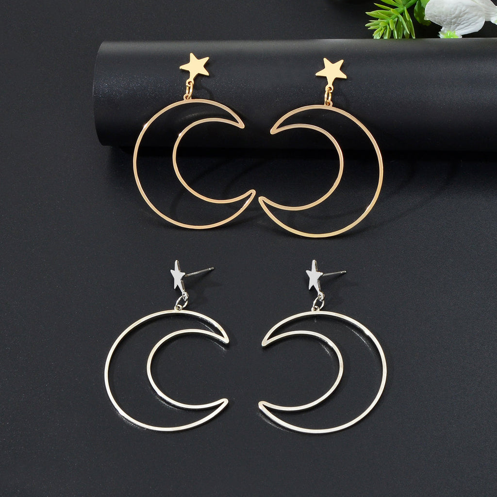 Hollow Out Large Moon Pendant Earrings Celestial Statement Jewelry Holiday Gift-0