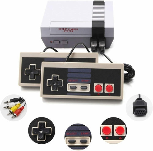 Retro-inspired game console with two controllers, featuring a classic design, gray and black color scheme, and AV output ports.