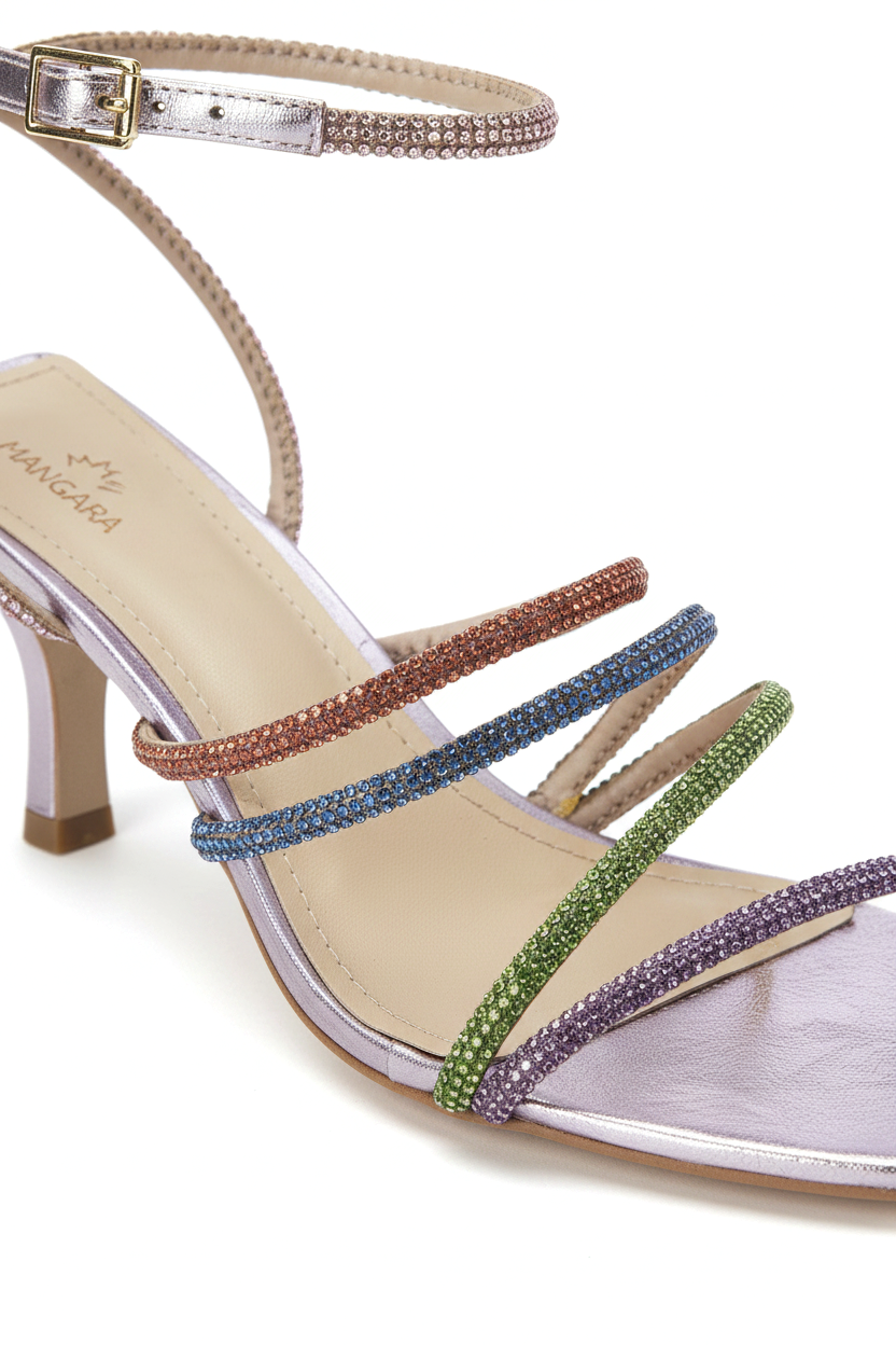 Arca Leather Sandals – 8cm Crystal Straps High Heel Purple