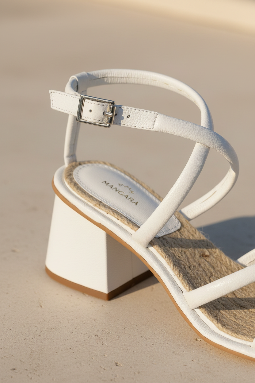 Bromelia White Leather Sandals – 7cm Block Heel