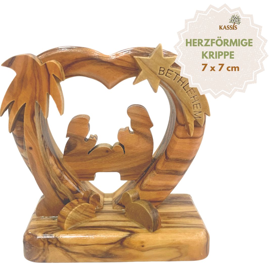Herzförmige Krippe aus Olivenholz , 7 cm | Weihnachtsdeko & Geschenk für Advent und Weihnachten-0