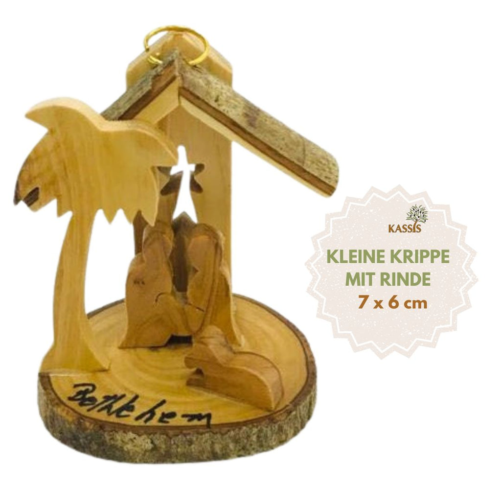 Krippe zum Aufhängen aus Olivenholz mit Rinde, 7 cm | Weihnachtsdeko & Geschenk für Advent und Weihnachten-0