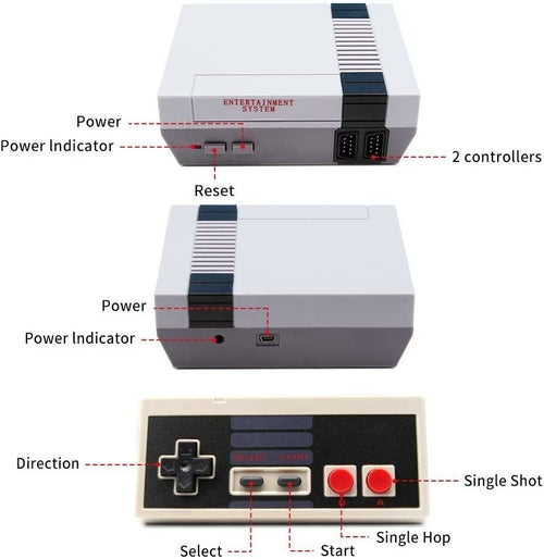 Retro inspired game console in white with red accents, featuring a power indicator, two controller ports, and preloaded controls.
