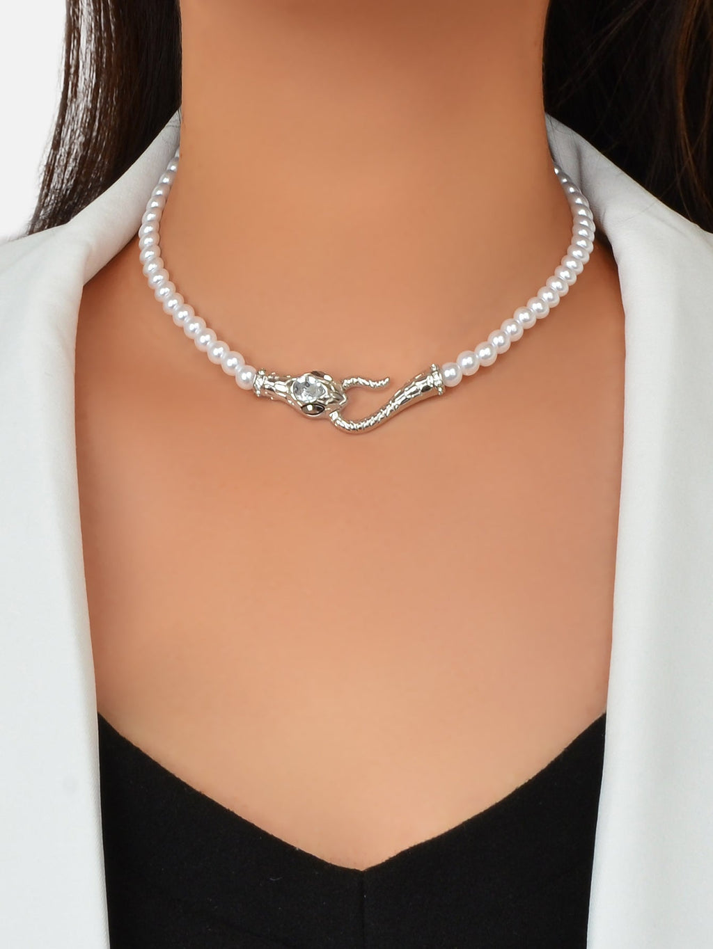 Punk Retro Pearl Beads Chain Gold Silver Snake Short Clavicle Statement Necklace-0