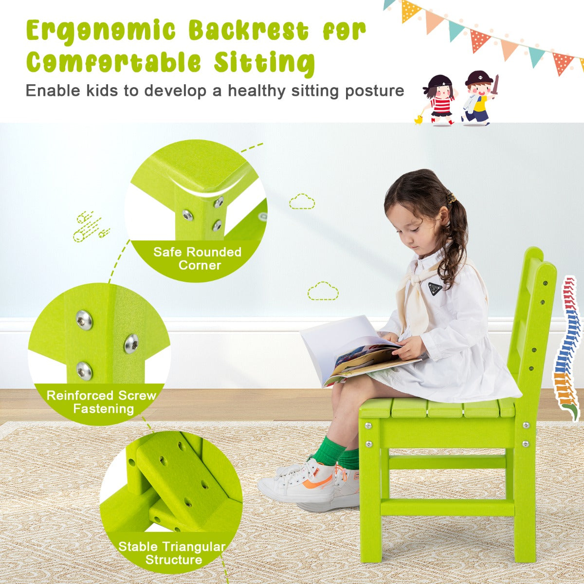 NNECW 3-Piece All-Weather Kids Table &amp; Chairs Set for Home &amp; Backyard-Green-2
