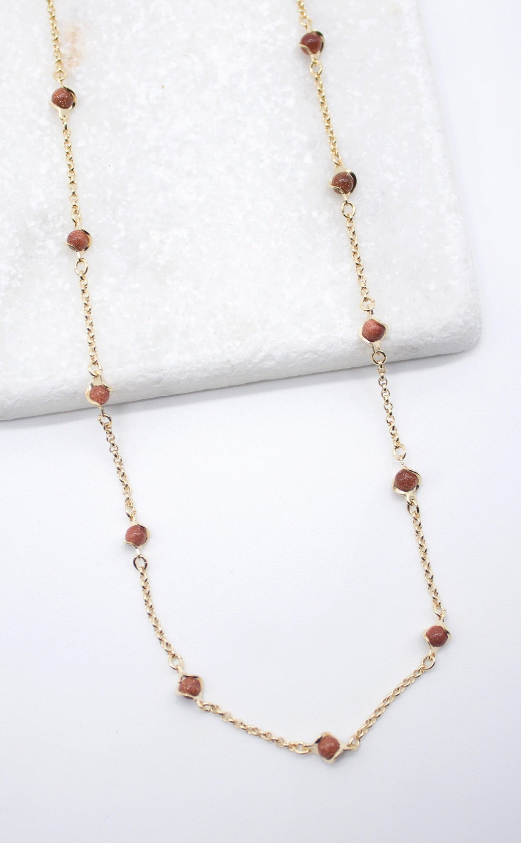 18K Gold Filled 5mm Designed Brown aventurine Bead Necklace (F221)-1