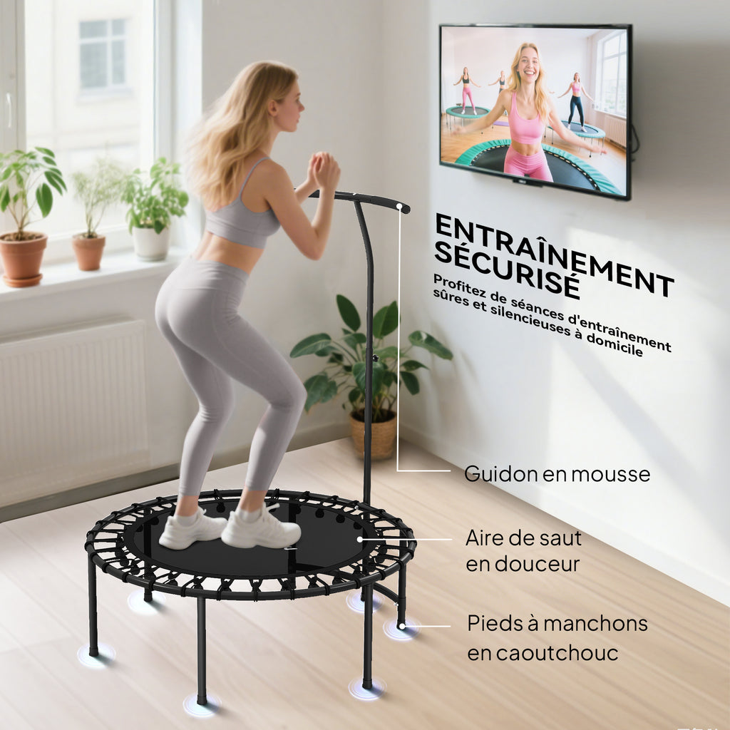 Trampoline de Fitness avec Cordes Élastiques, Poignée Réglable 5 Positions, Capacité 100 kg, Acier, Ø102x132cm, Noir