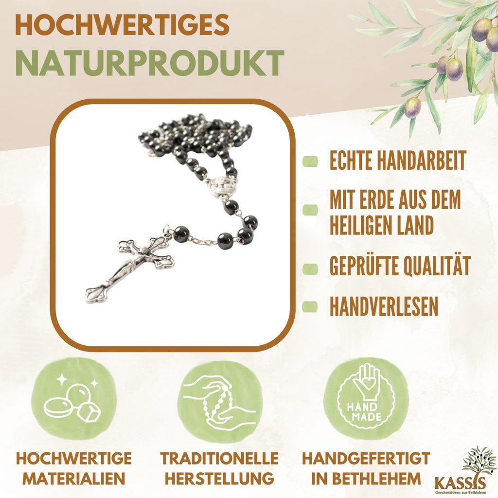 Rosenkranz mit runden Hämatitperlen (42 cm) | Gebetskette mit Kreuz als Geschenk zur Taufe, Kommunion & Firmung-1
