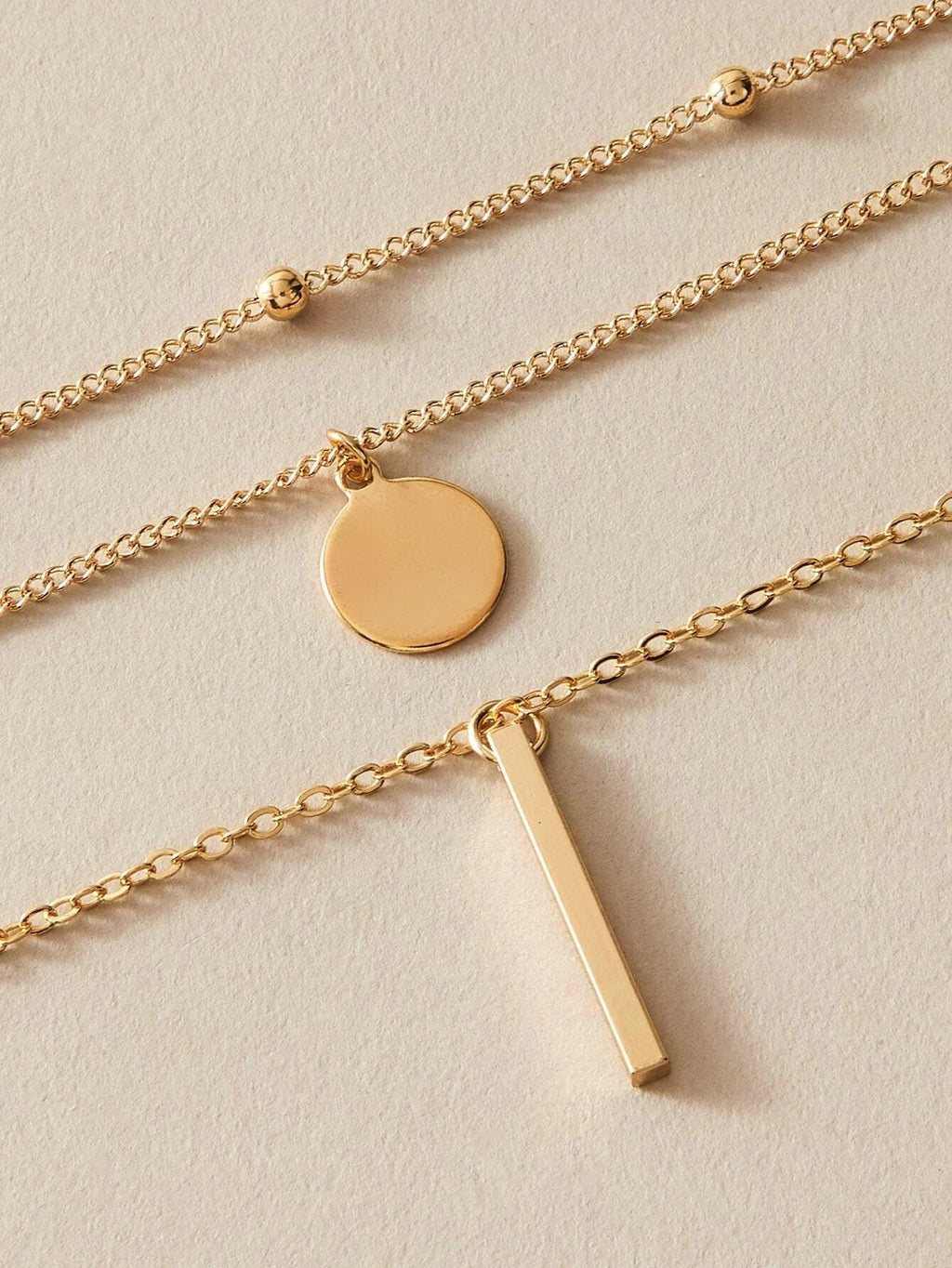 Boho Multi-Layer 3pcs Bar Disc Charm Metal Round Beads Chain Choker Necklace-3