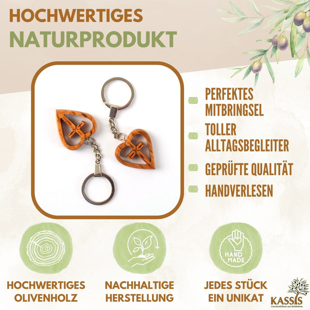 Schlüsselanhänger Kreuz im Herz aus Olivenholz | Liebevoller Glücksbringer als Geschenk zur Taufe, Kommunion & Geburtstag-1