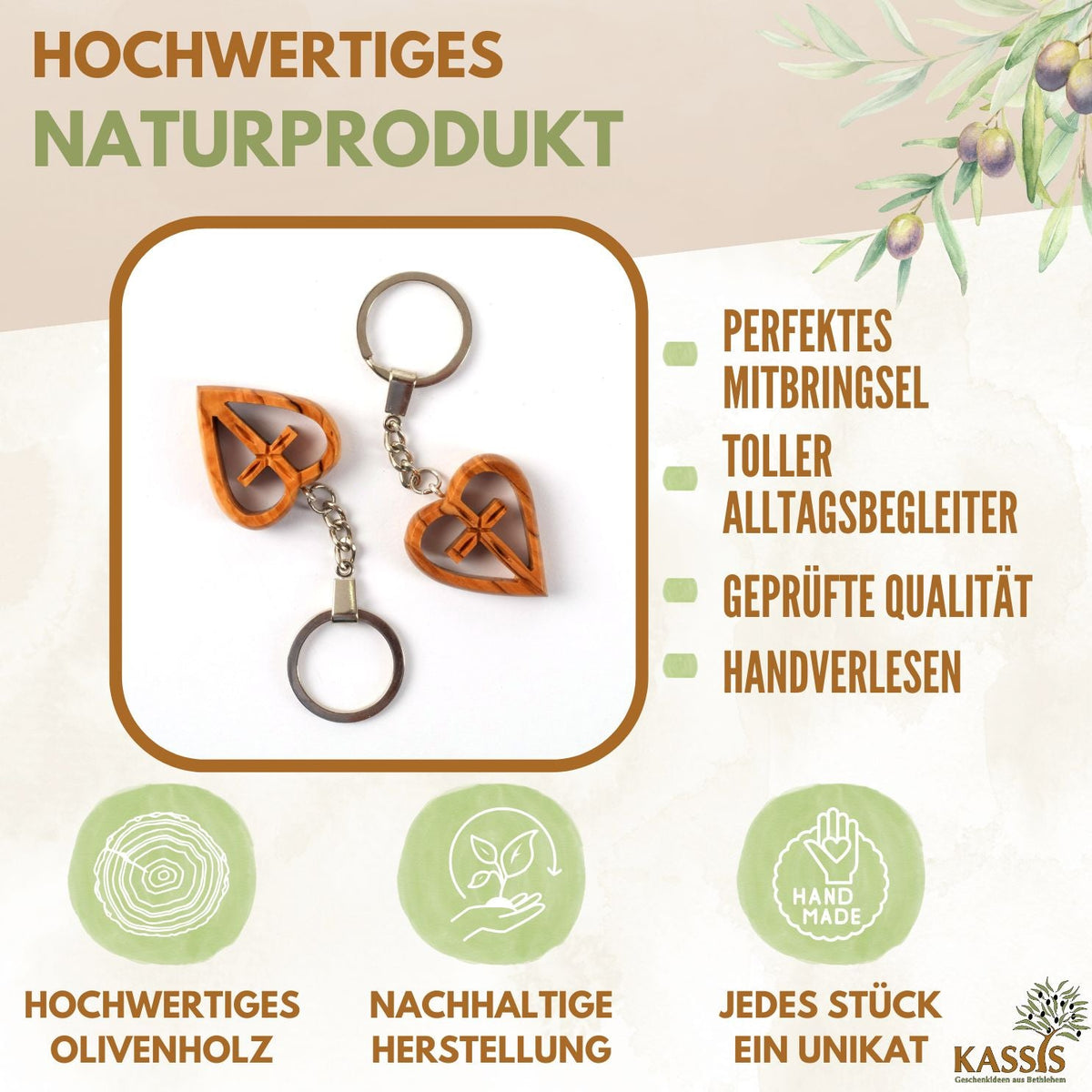 Schlüsselanhänger Kreuz im Herz aus Olivenholz | Liebevoller Glücksbringer als Geschenk zur Taufe, Kommunion & Geburtstag-1