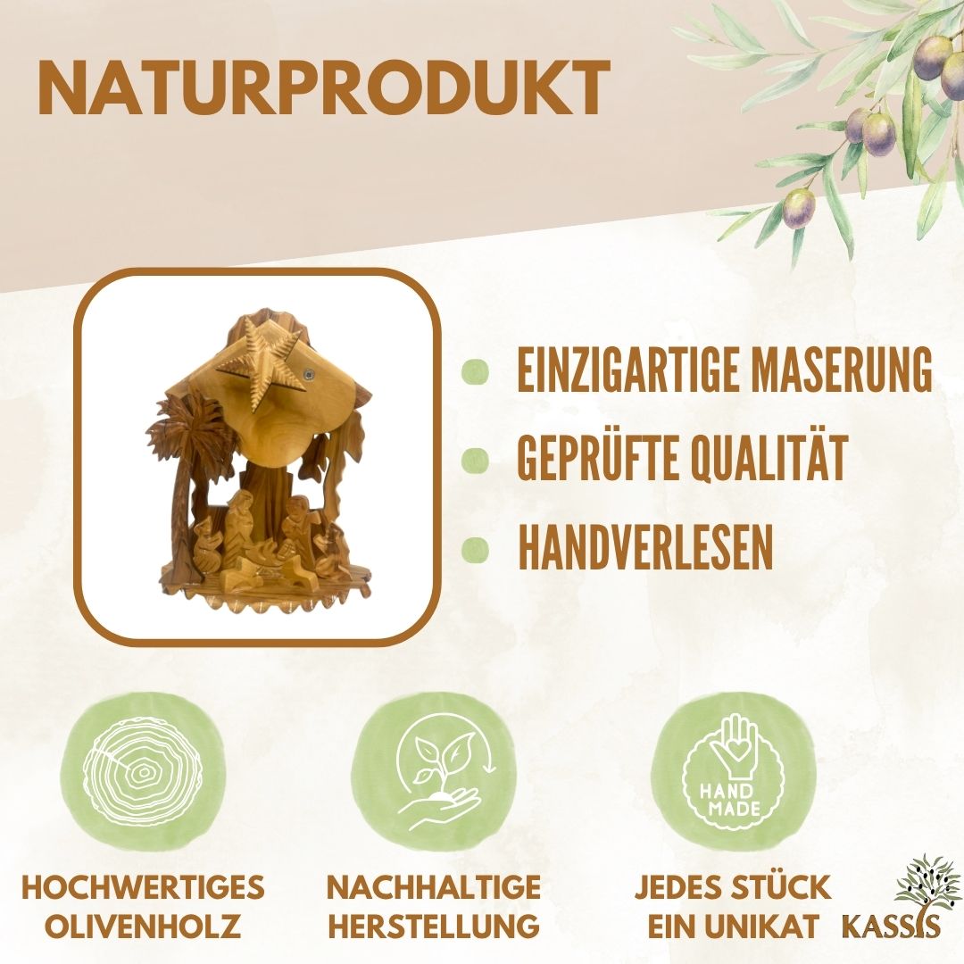 Weihnachtskrippe aus Olivenholz mit Aufziehmechanismus | Weihnachtsdeko & Geschenk für Advent und Weihnachten-1