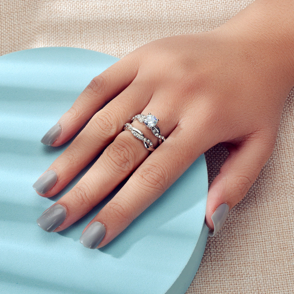 2pcs Luxury Women Band Simulated Diamond Silver Finger Wedding Engagement Ring