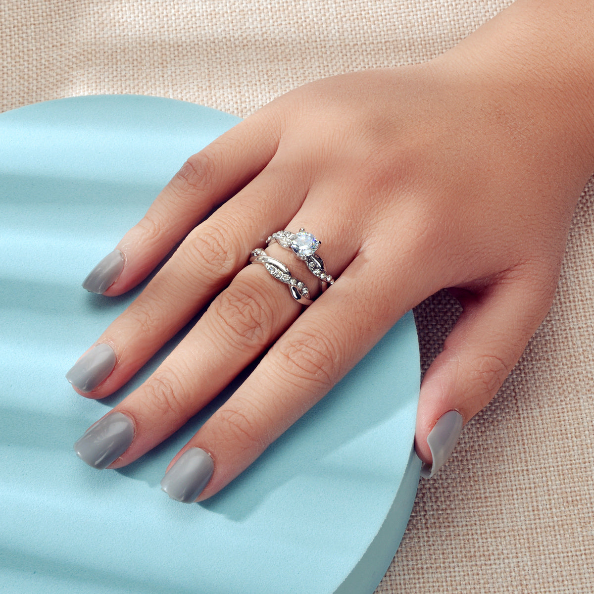 2pcs Luxury Women Band Simulated Diamond Silver Finger Wedding Engagement Ring