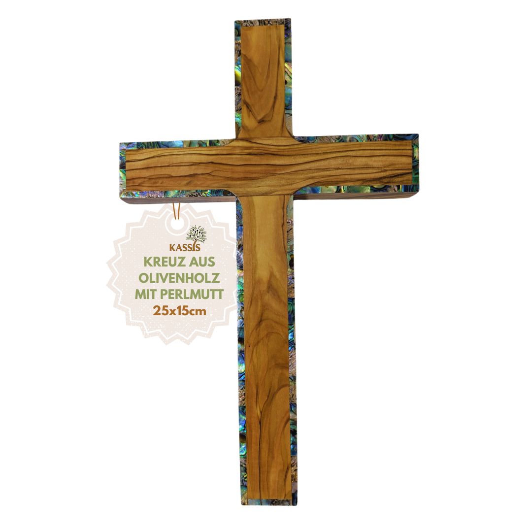 Olivenholz Kreuz mit Perlmutt-Rand 25 × 15 cm | Schlichtes Wandkreuz handgefertigt in Bethlehem-0