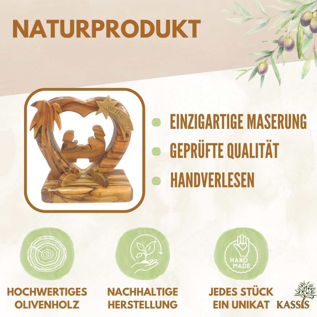 Herzförmige Krippe aus Olivenholz , 7 cm | Weihnachtsdeko & Geschenk für Advent und Weihnachten-1