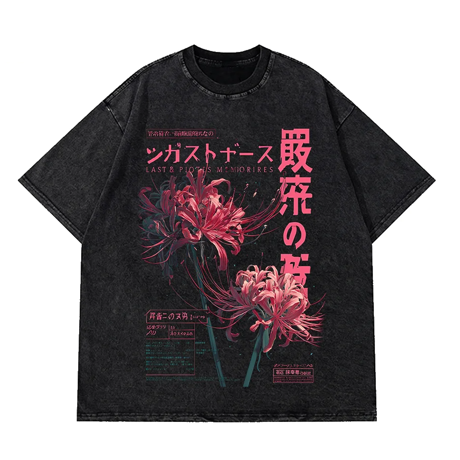 Anime Washed Spider Lily Graphic T Shirt Men Streetwear