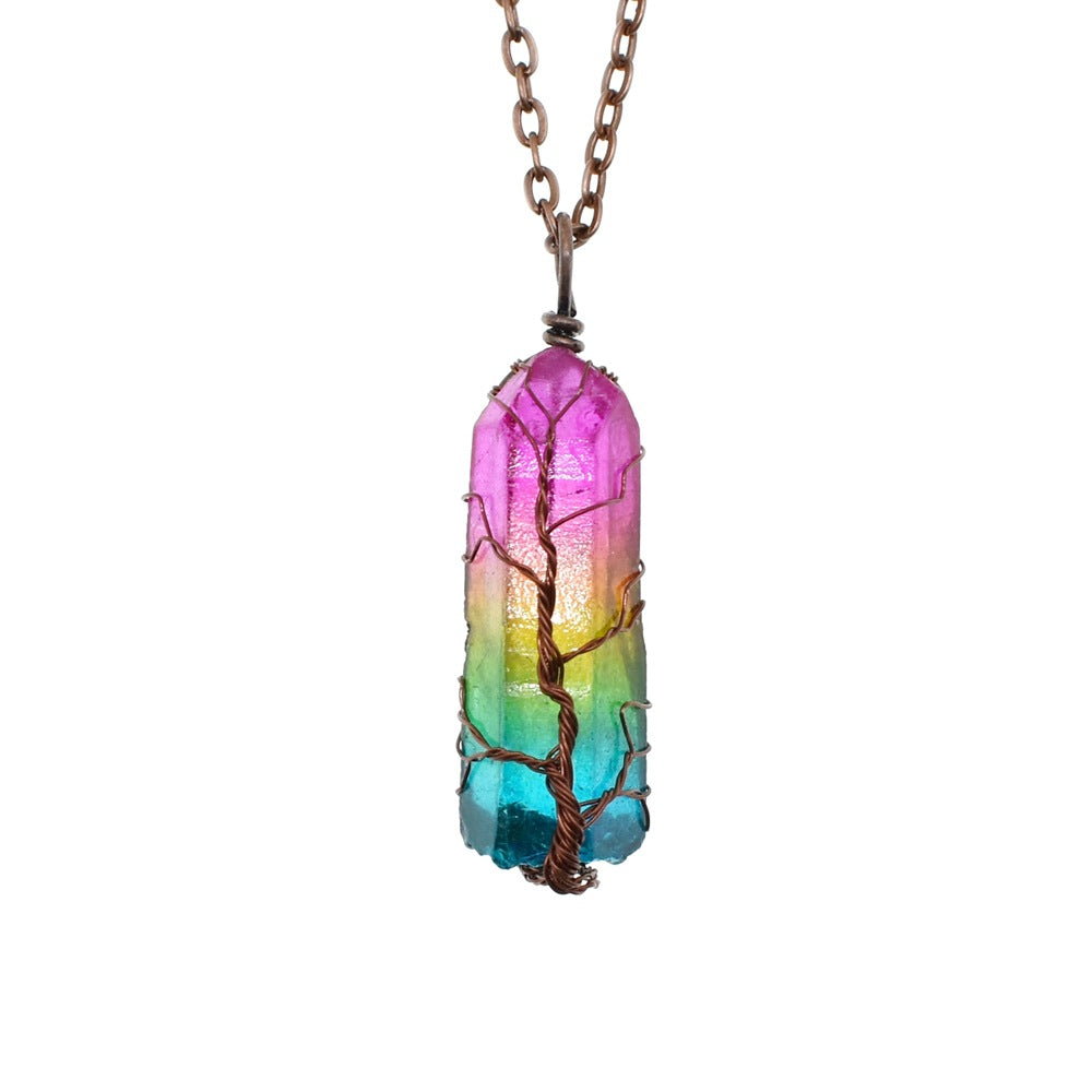 Hot Selling Stone Crystal Pillar Tree Of Life Pendant Ins Fashion Necklace-1