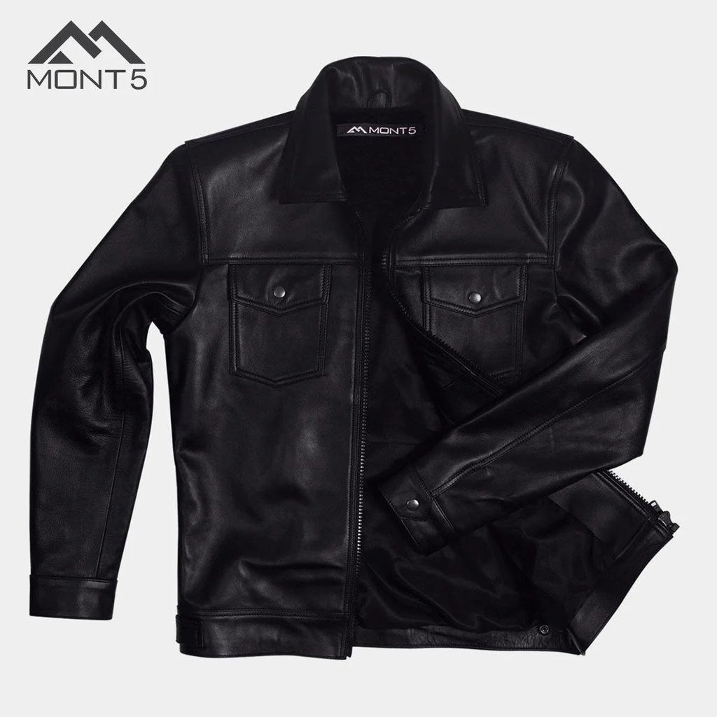 MONT5  Diran Men Black Classic Leather Jacket with Shirt Collar