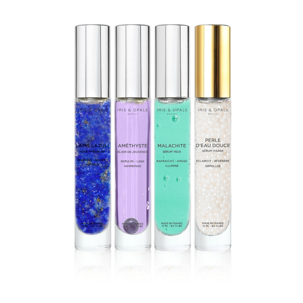 Coffret l’Alchimix N°1 Complet | Iris & Opale Beauty. Découvrez nos 4 sérums visage en format « tube à essais » 15 mL. À l’Améthyste, à la Perle d’eau douce, au Lapis-lazuli et à la Malachite.