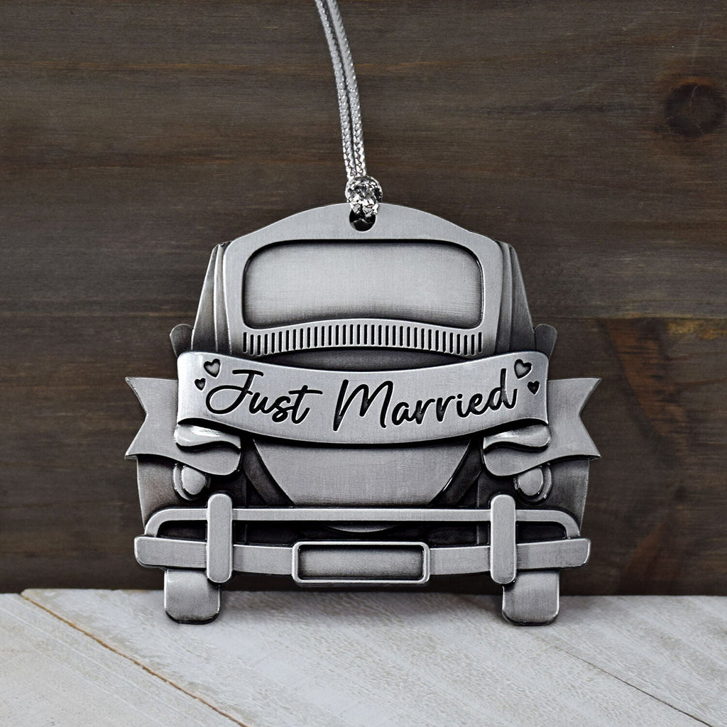 Just Married Car Customizable 2.5" Silver Ornament-4