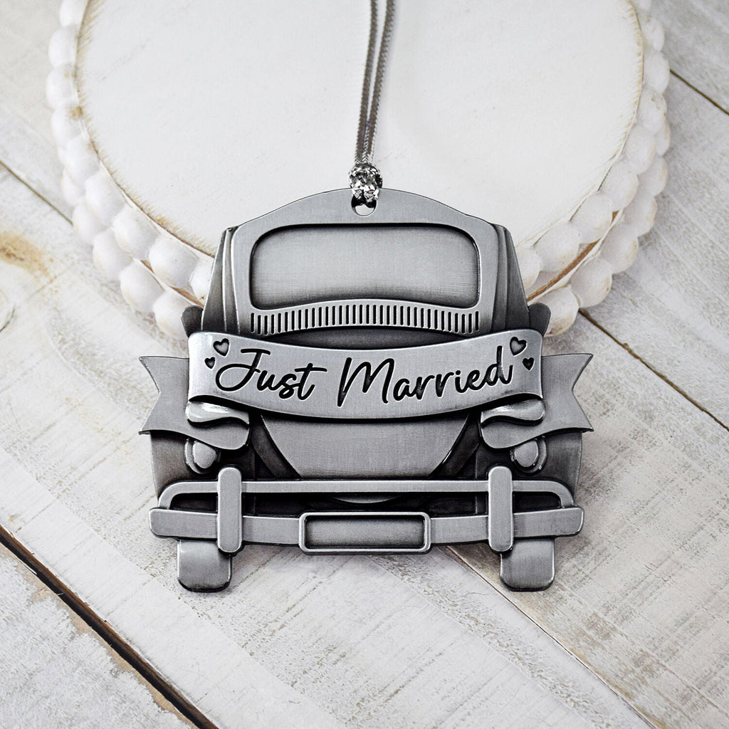 Just Married Car Customizable 2.5" Silver Ornament-2