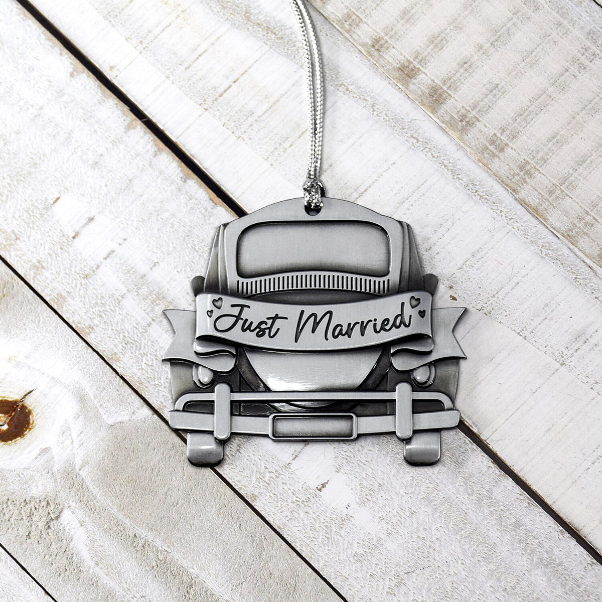 Just Married Car Customizable 2.5" Silver Ornament-1