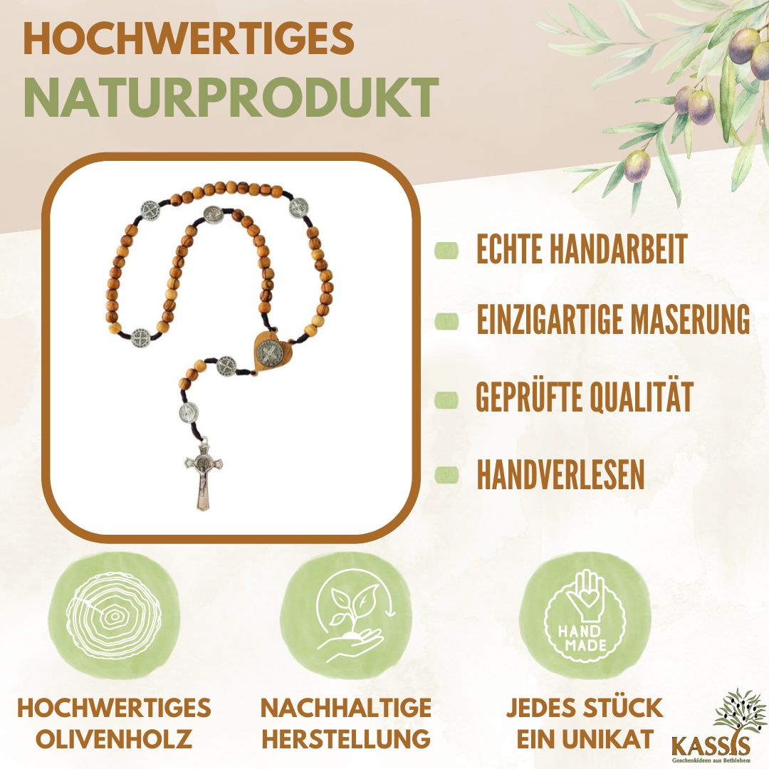 St. Benedikt Rosenkranz aus Olivenholz | Gebetskette mit Kreuz & Medaille, Geschenk Taufe, Kommunion, Firmung-1