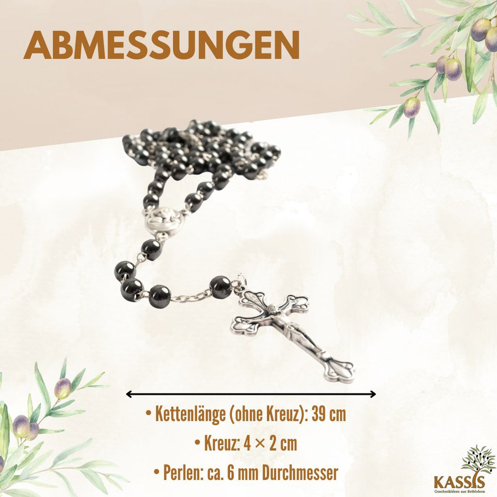 Rosenkranz mit runden Hämatitperlen (42 cm) | Gebetskette mit Kreuz als Geschenk zur Taufe, Kommunion & Firmung-2