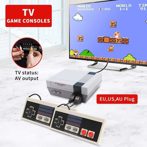 Retro-inspired game console in gray with two controllers displayed on a table, connected to a TV showing a classic game screen.