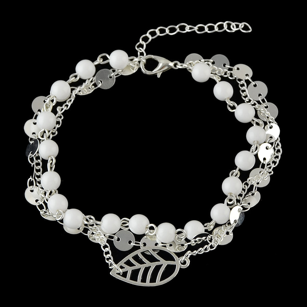 1 pc Foot Beach Jewellery Gold Silver Multi-layer Chain White Beads Leaf Anklet