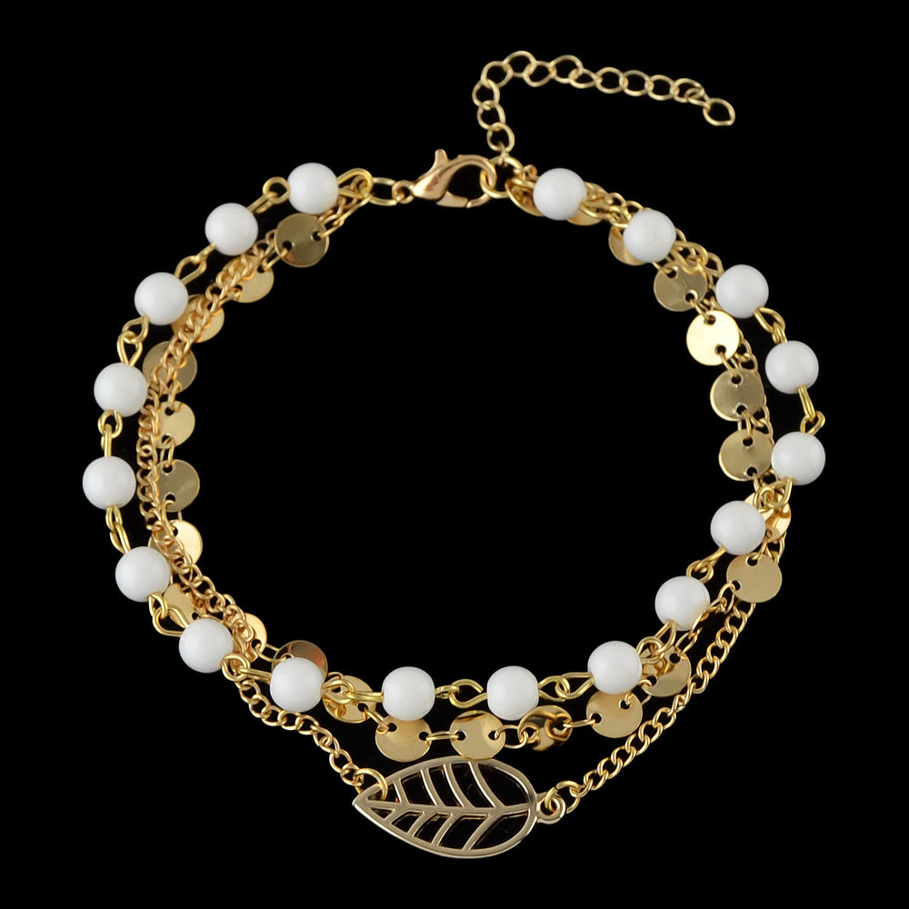 1 pc Foot Beach Jewellery Gold Silver Multi-layer Chain White Beads Leaf Anklet