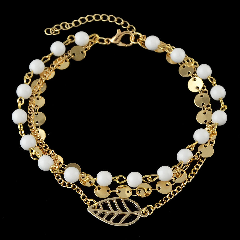 1 pc Foot Beach Jewellery Gold Silver Multi-layer Chain White Beads Leaf Anklet